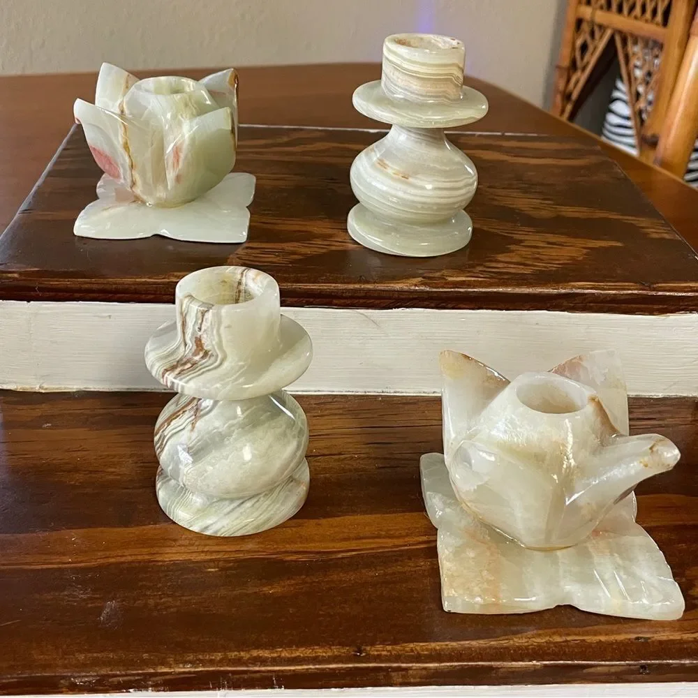 Vintage Set of 4 Elegant Onyx Candle Holders Green Cream Tan